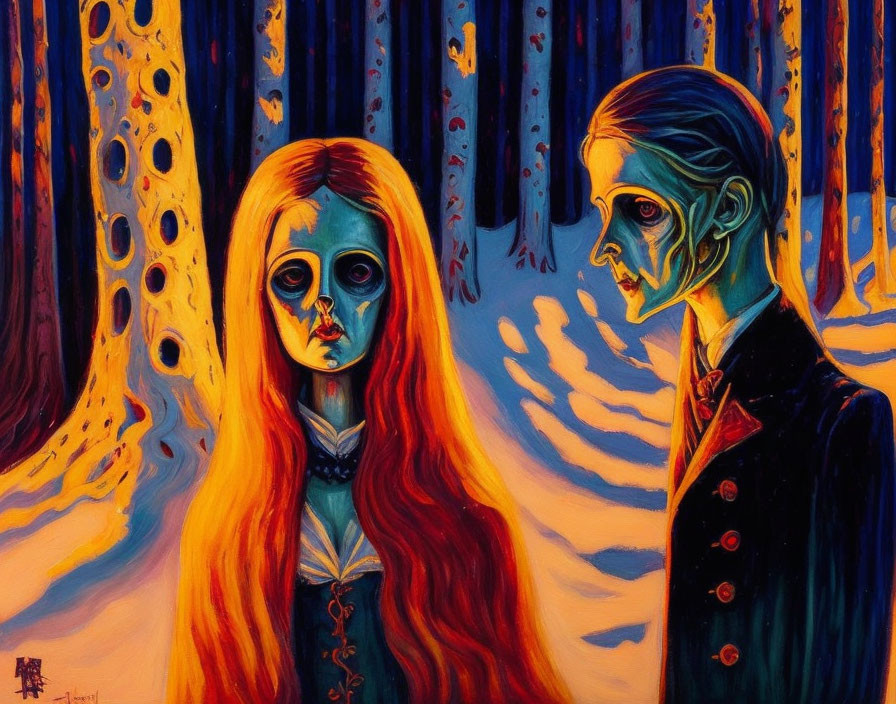 Surreal painting of pale-faced man and woman in colorful forest