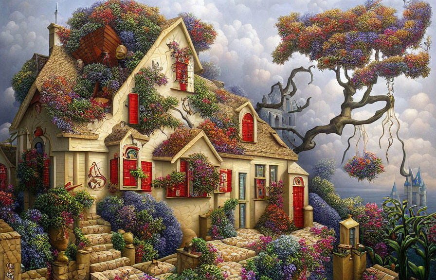 Colorful Cottage with Fantasy Tree and Castle View