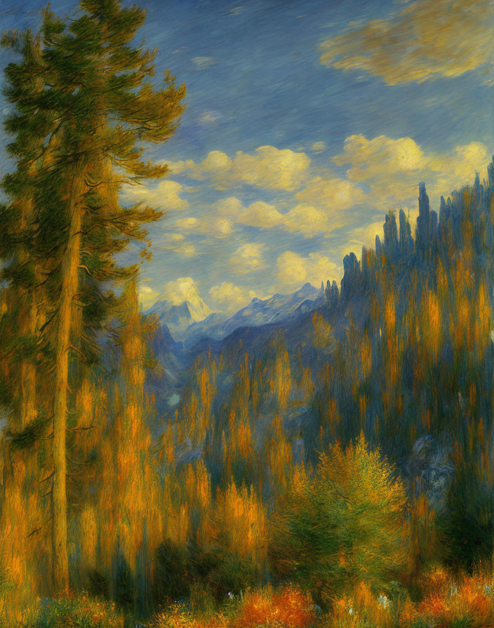 Autumnal landscape painting with tall trees, golden leaves, mountain backdrop, swirling sky