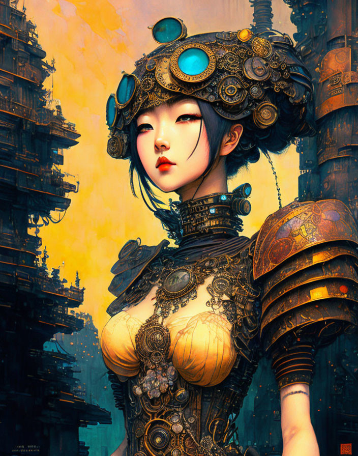 Futuristic steampunk woman with blue lens hat and metallic armor