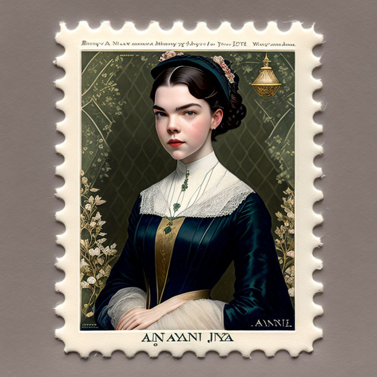 Vintage clothing woman on illustrated postage stamp.