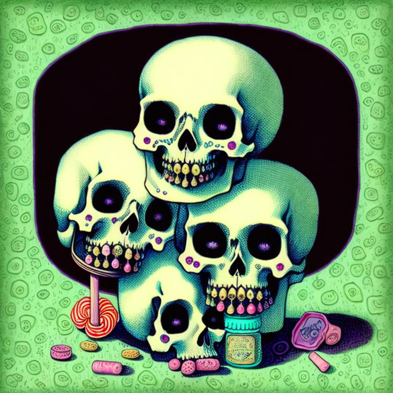 Vibrant cartoon skulls on green background with candies