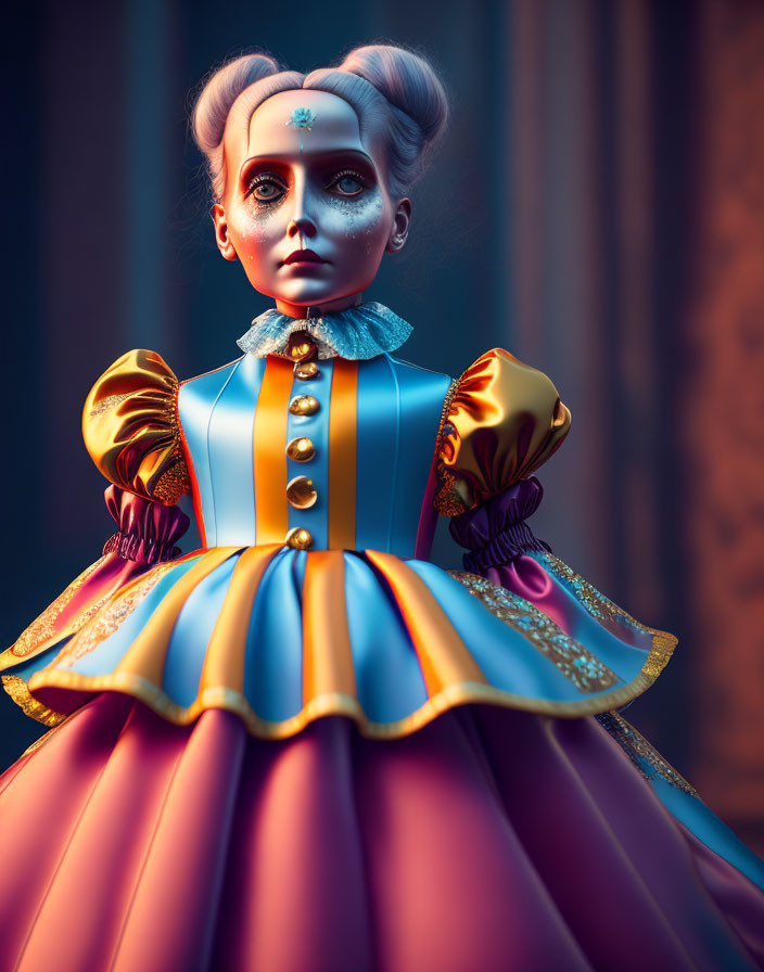 Intricate doll with Victorian dress and dark background