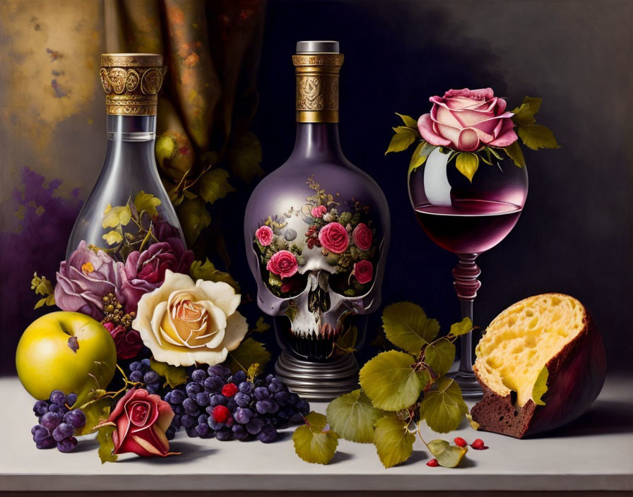 Ornate skull-shaped bottles, flowers, wine, fruits, and bread on dark background