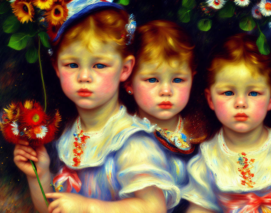 Three young children in white dresses with rosy cheeks and sunflowers in the background.