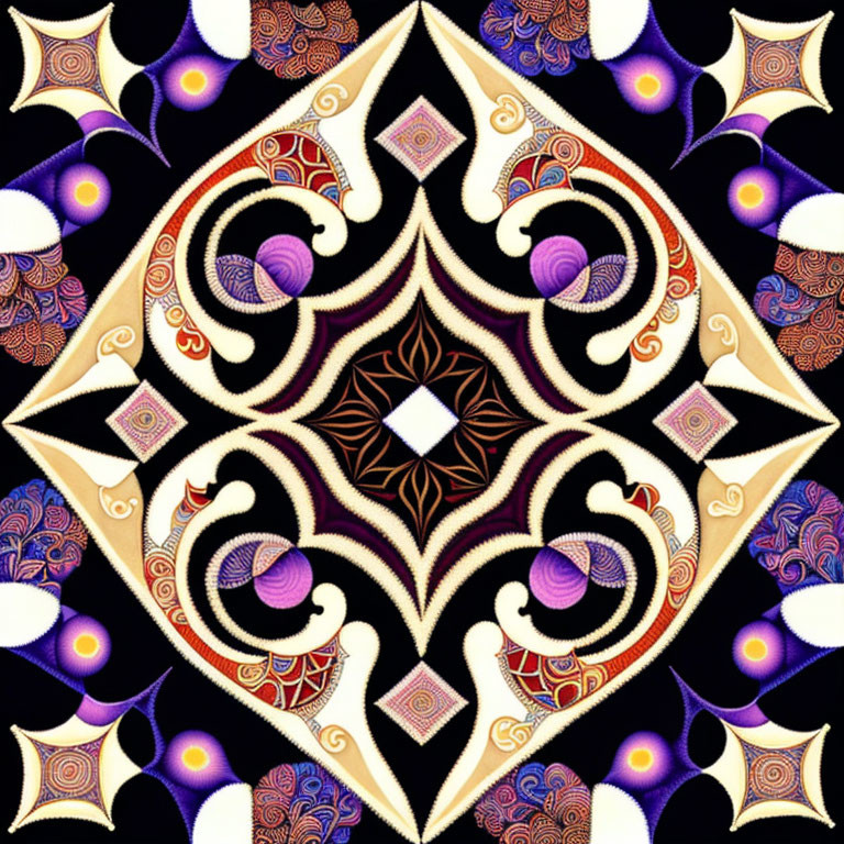 Symmetrical black background with central star and paisley motifs