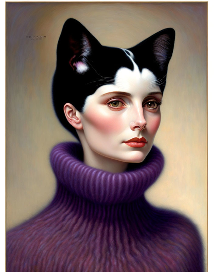 Portrait blending woman's face with cat features on soft background