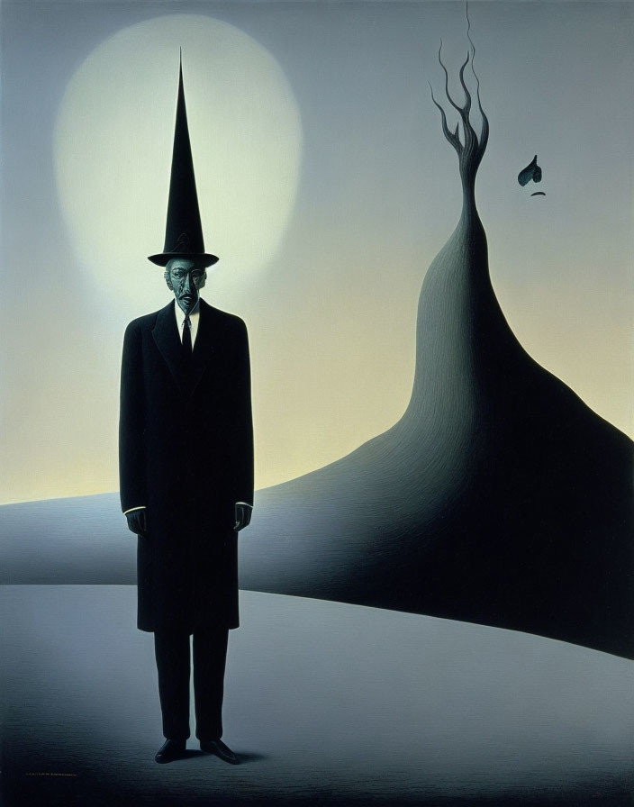 Surreal painting of man with pointed hat, melting hill, and floating fish