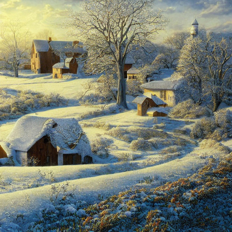 Snow-covered cottages in serene winter landscape at sunrise or sunset