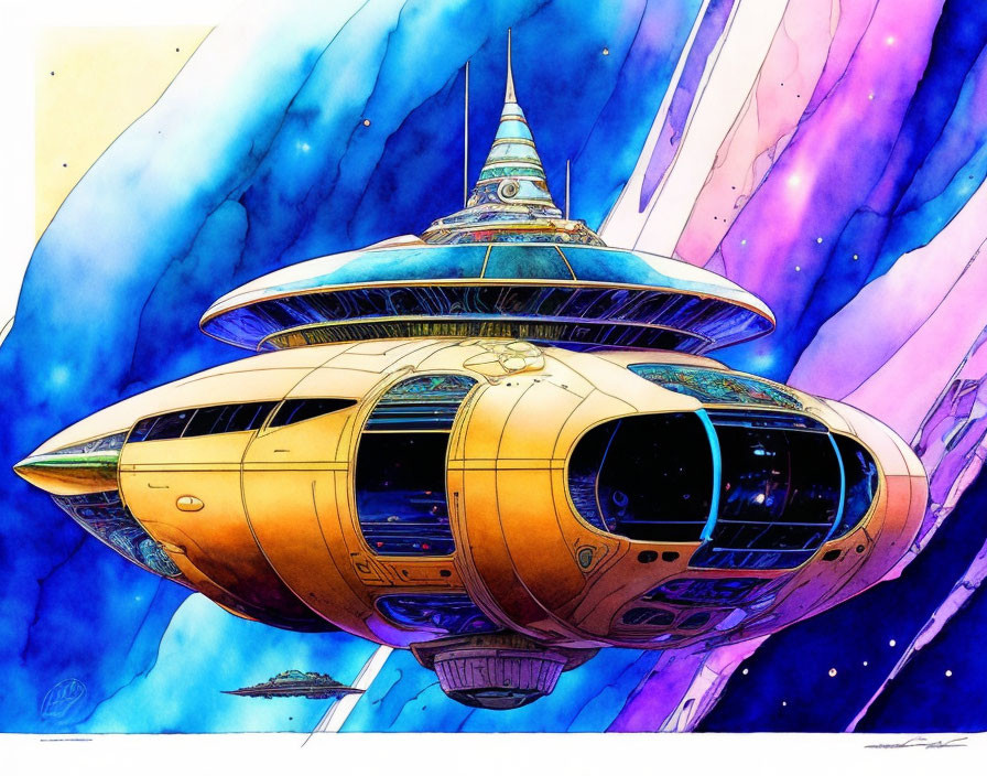 Colorful retro-futuristic spaceship in vibrant space scene.