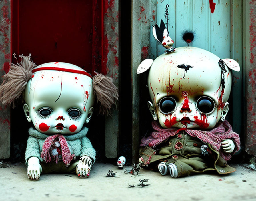 Creepy dolls with fake blood against rusty door, one with pigtail hair, other skull-like face