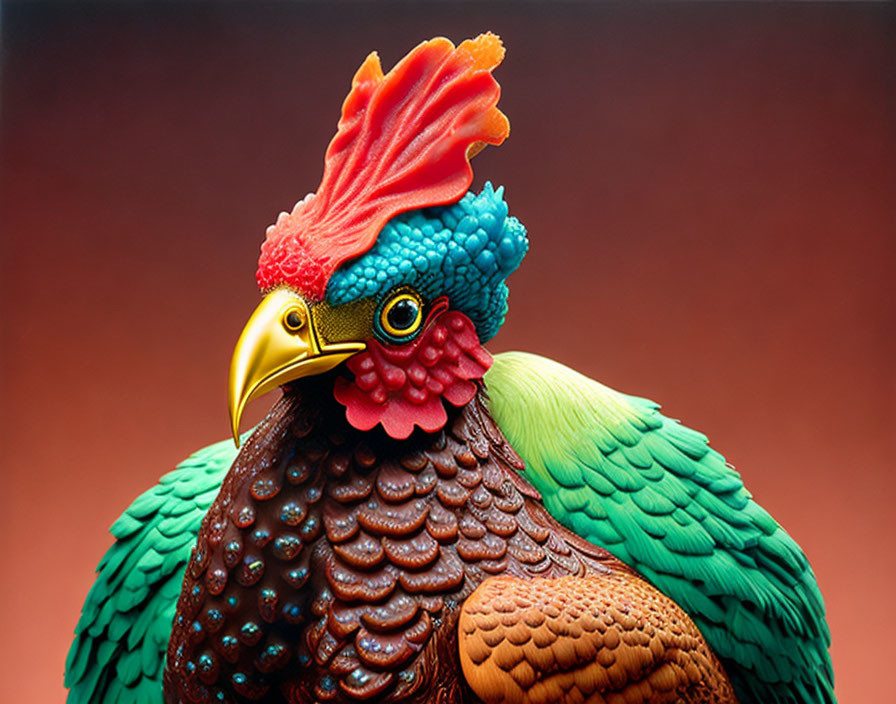 Colorful Rooster with Red, Blue, Green, and Brown Feathers on Warm Background