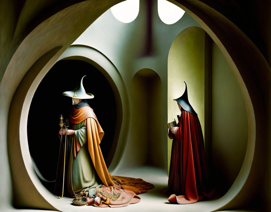 Abstract architectural space with robed figures in wide-brimmed hats