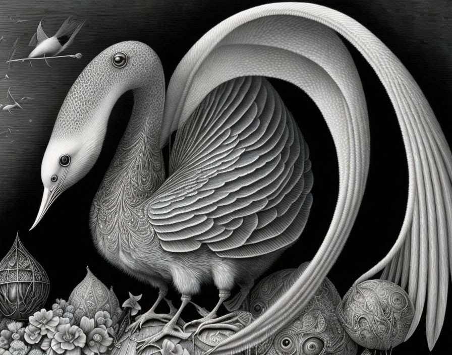 Detailed monochromatic bird illustration with intricate feathers and whimsical surroundings.