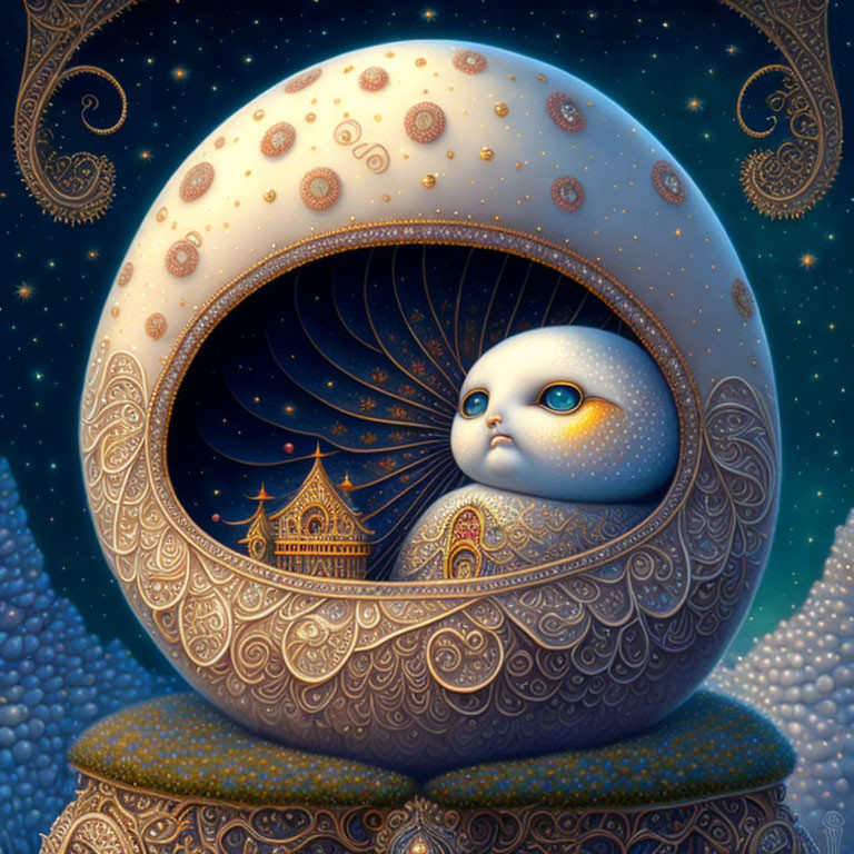 Childlike creature in cosmic egg structure under starry sky