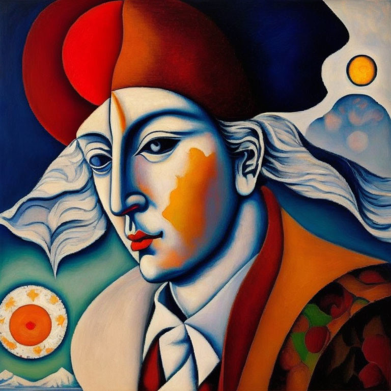 Vibrant cubist portrait with red hat and abstract background