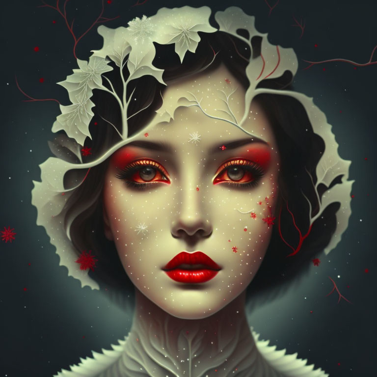 Winter-themed portrait of a woman with white leaves, red snowflakes, and deep red lips