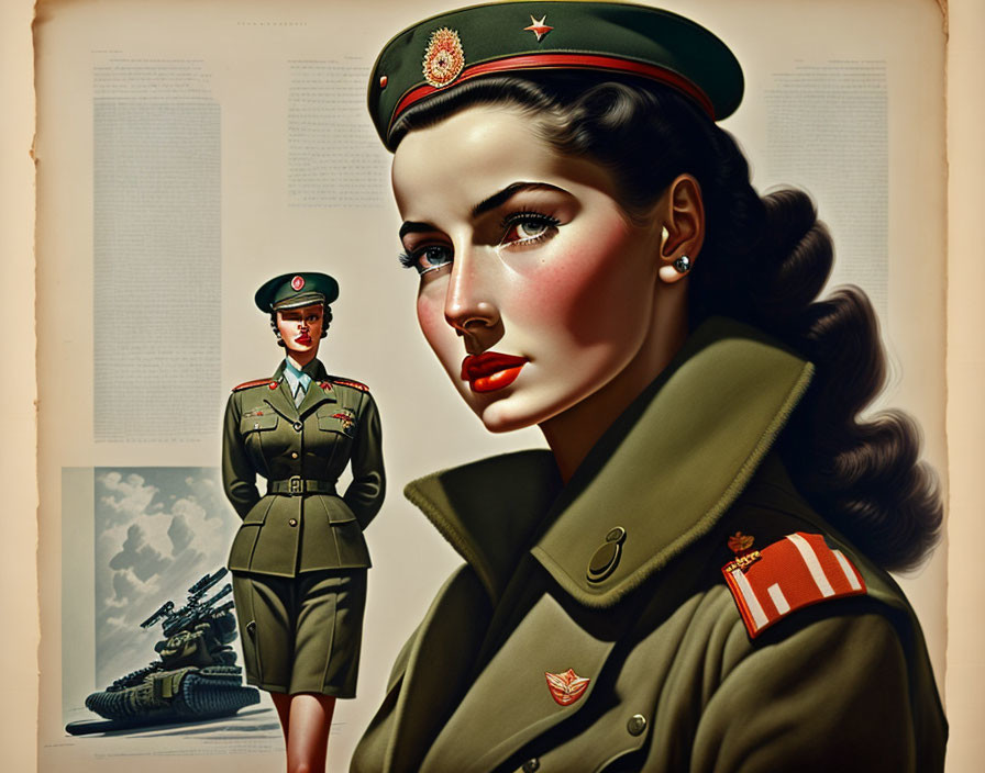 Stylized military woman illustration with close-up face and full-body view.