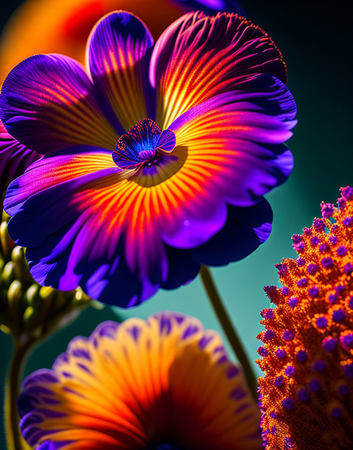 Detailed Purple and Orange Flower Petals on Blurred Green Background