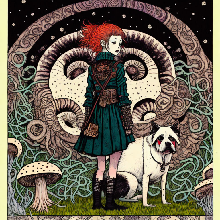 Red-haired girl in green coat with white dog in whimsical moon and stars setting