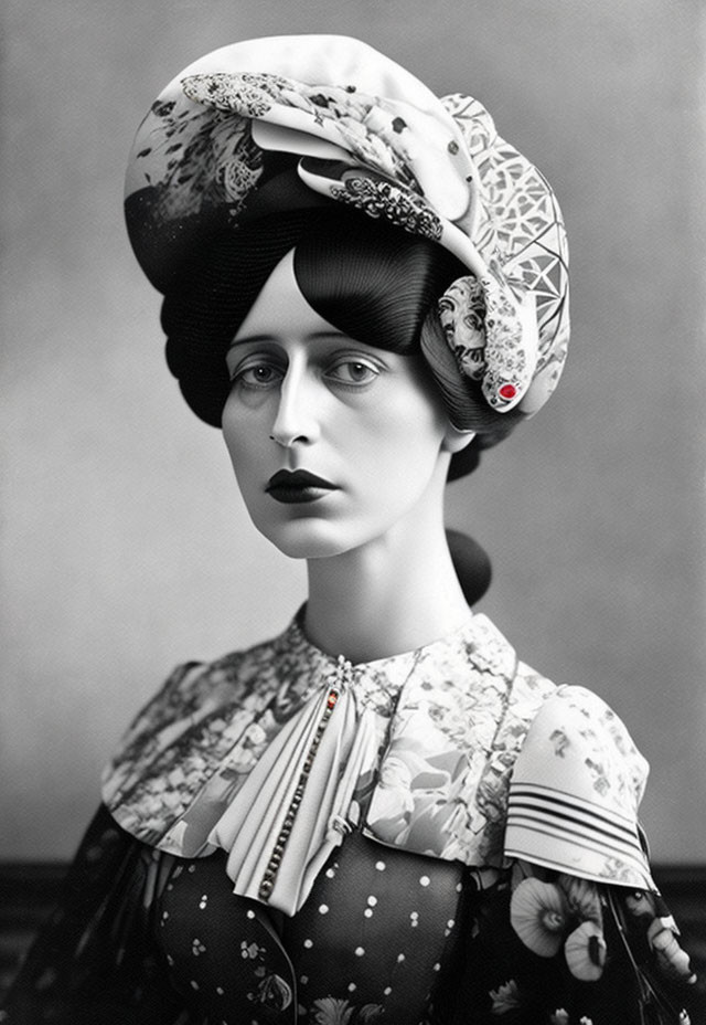 Vintage floral dress woman in ornate turban - Monochrome Portrait