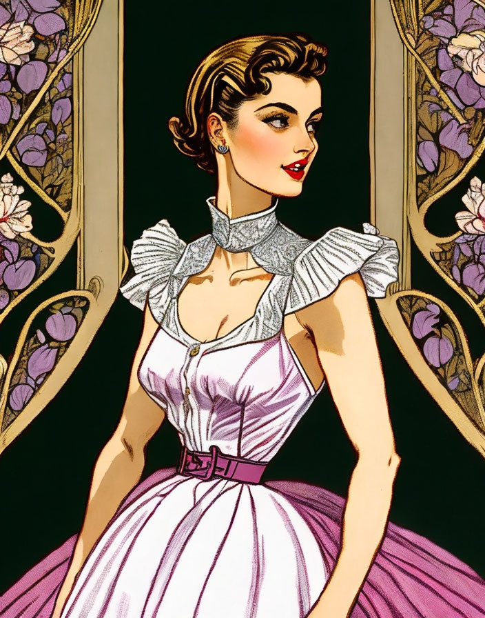 Vintage-inspired illustration of woman in purple-striped dress with lace collar