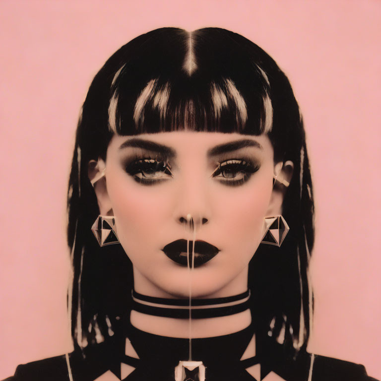 Monochromatic portrait of woman with bangs and dark makeup on pink background