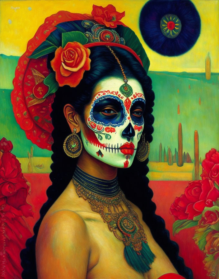 Colorful Dia de los Muertos woman painting on yellow background with cacti and sun