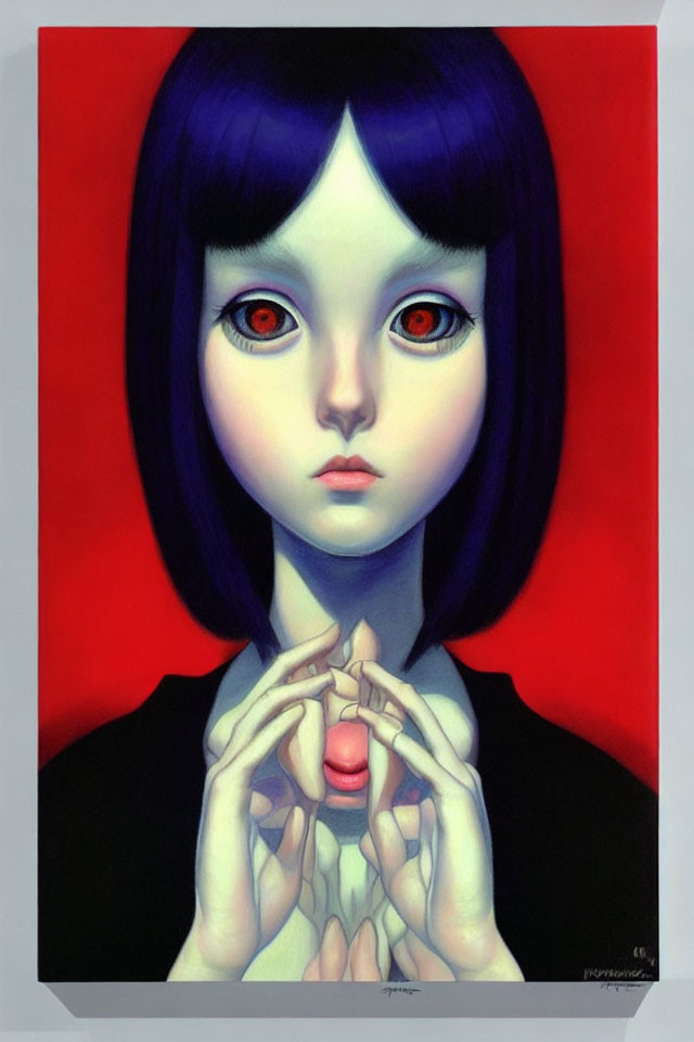 Portrait of girl with large eyes and purple hair holding apple core on red background