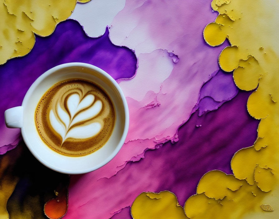 Latte cup with foam art on abstract watercolor background