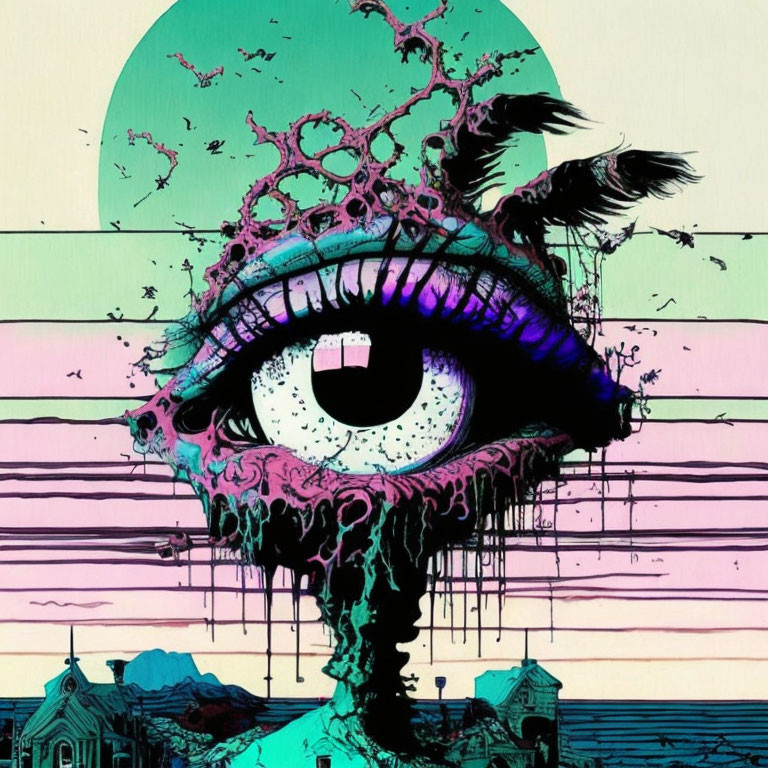 Surreal eye art with colorful drips, face silhouette, teal moon background