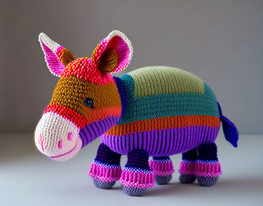 Striped armadillo-inspired crochet toy with colorful design.