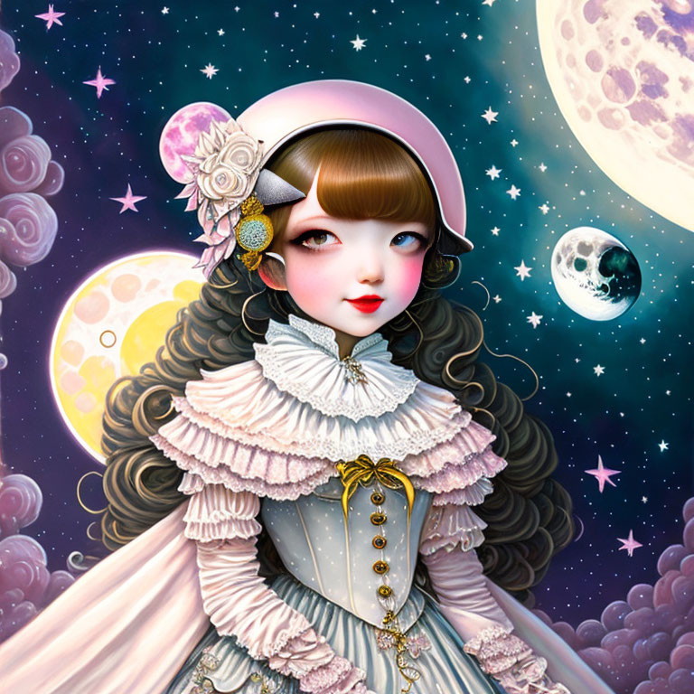 Illustration of girl in Victorian costume with celestial motifs