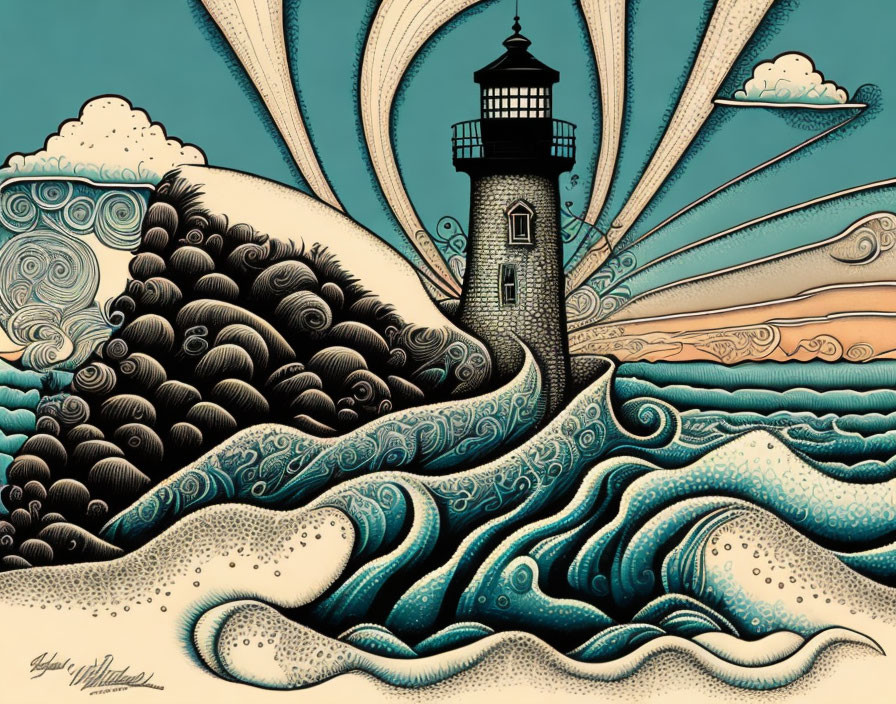 Surreal lighthouse artwork with stylized waves and clouds