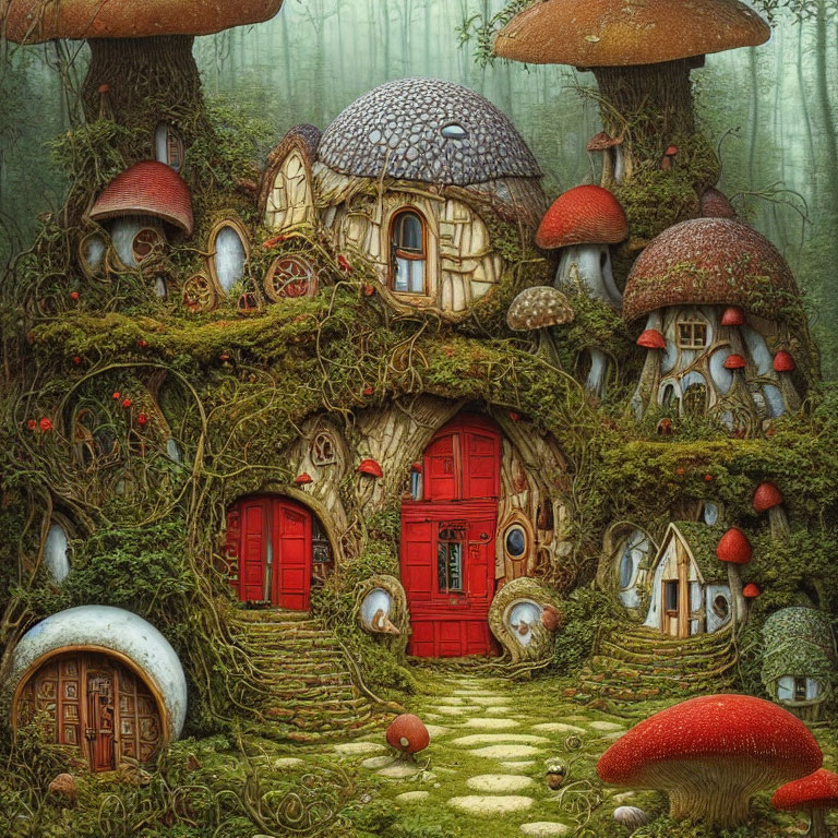 Whimsical mushroom houses in enchanted forest scene