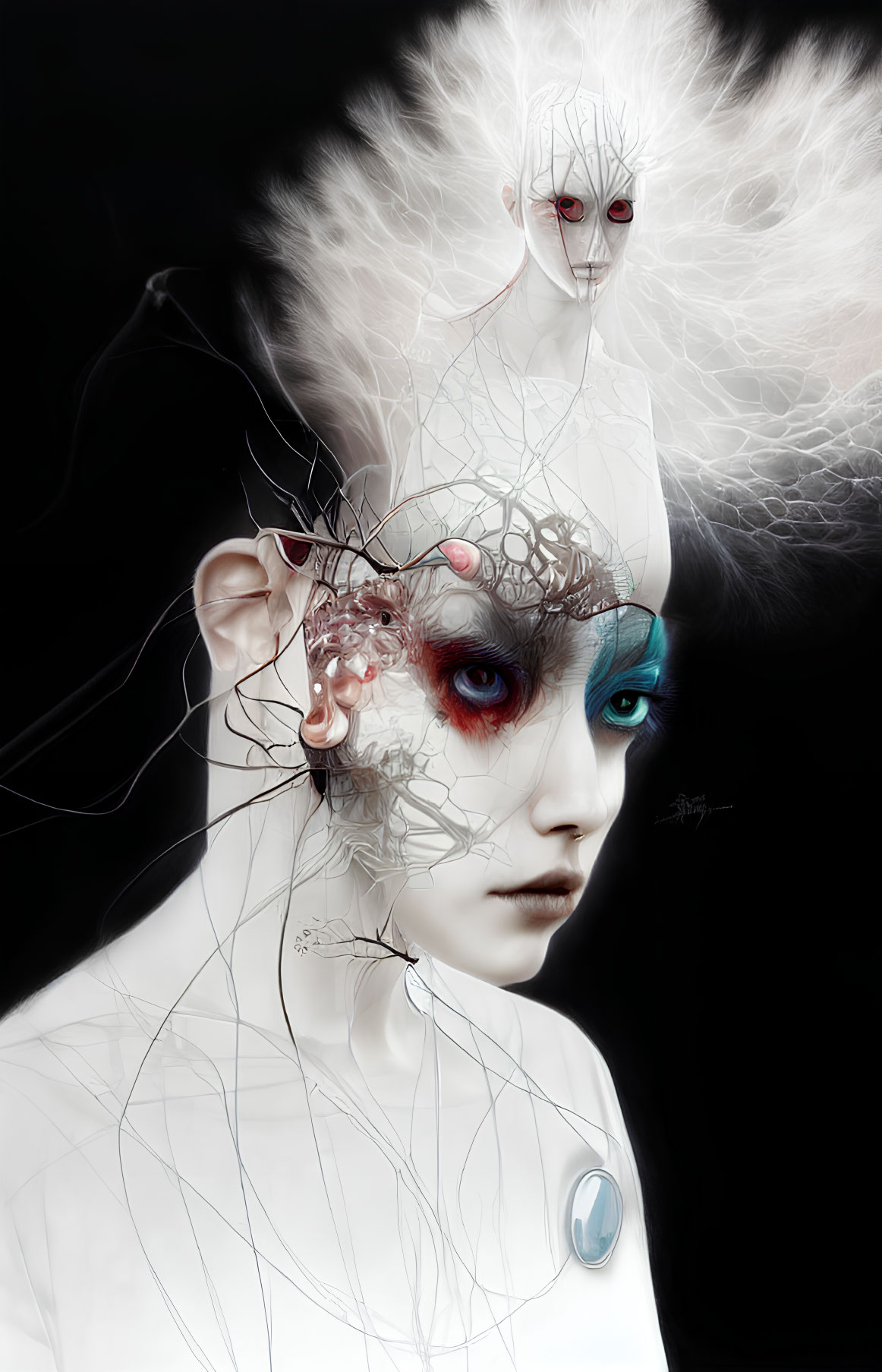 Surreal digital artwork: humanoid figure with cybernetic enhancements and red/blue facial coloring, accompanied