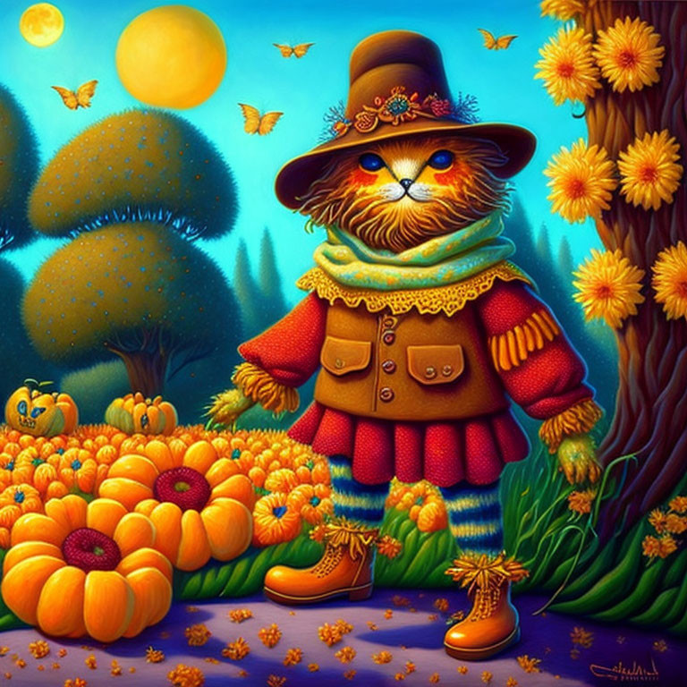 Anthropomorphic cat in red jacket and hat in pumpkin patch under yellow moon