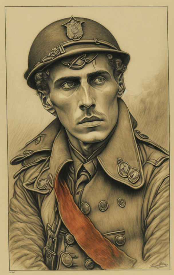 Sketched World War I soldier in uniform with helmet and badges