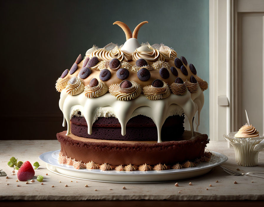 Double-layered chocolate cake with white frosting, cookies, cream swirls, and white chocolate antlers