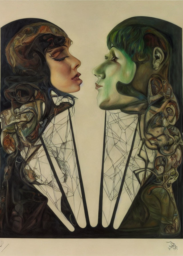 Surreal painting of two faces in profile with intricate mechanical details