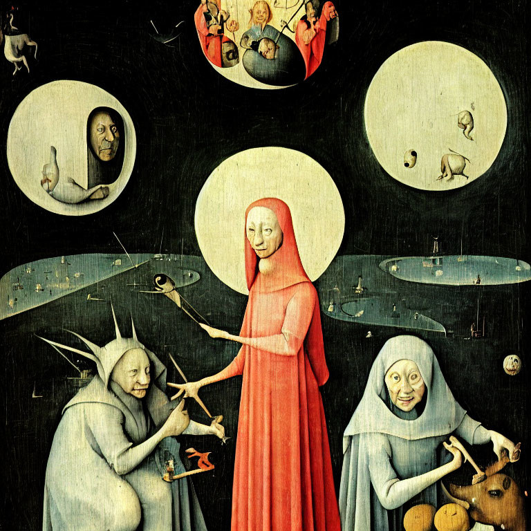 Surreal painting of red-cloaked woman with halo and mythical creatures in bizarre scenarios