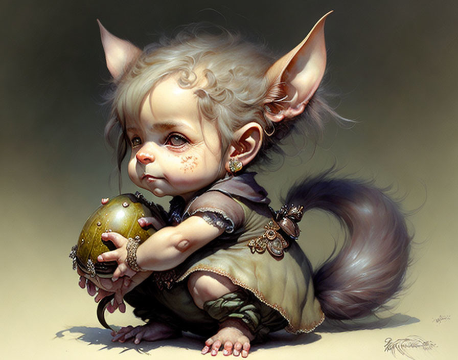 Young creature with pointy ears, large eyes, fluffy tail holding mystical orb