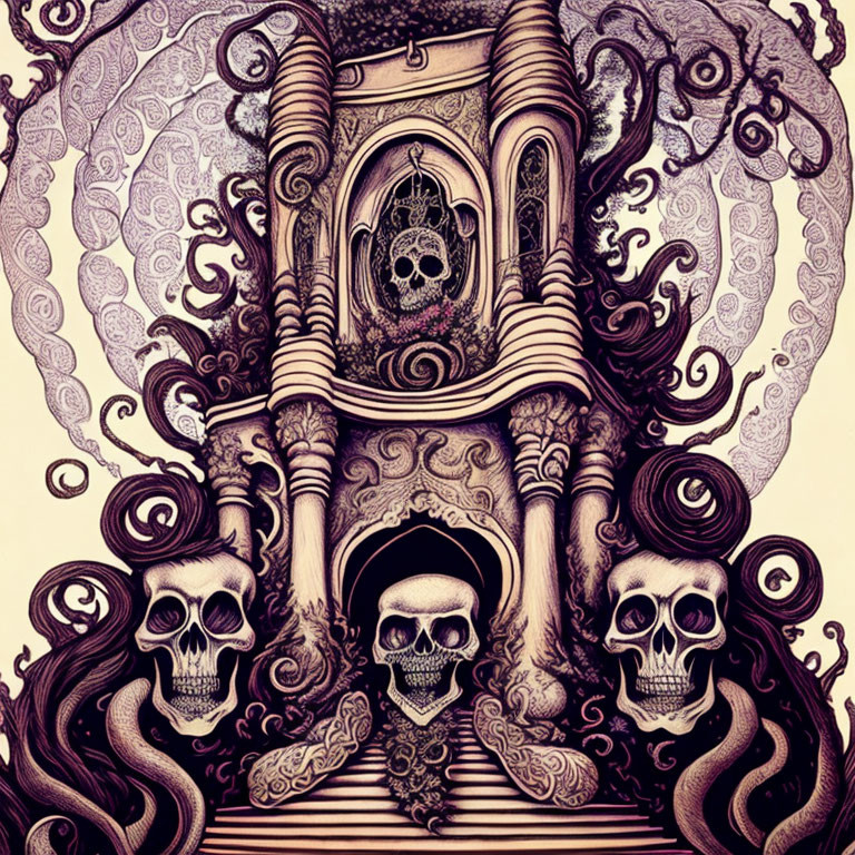 Detailed Gothic Illustration with Skulls and Ornate Patterns