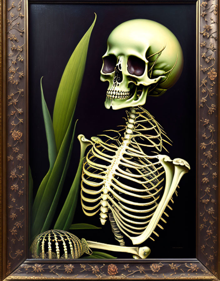 Golden human skeleton with green leaf in ornate frame on black background