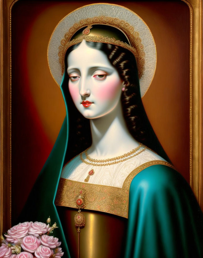 Traditional Attire Portrait: Woman with Halo, Green Cloak, Pink Roses