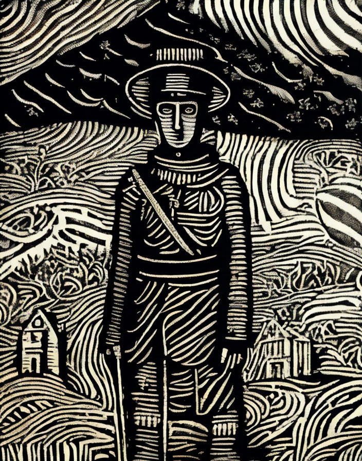 Stylized person with hat in monochromatic linocut print