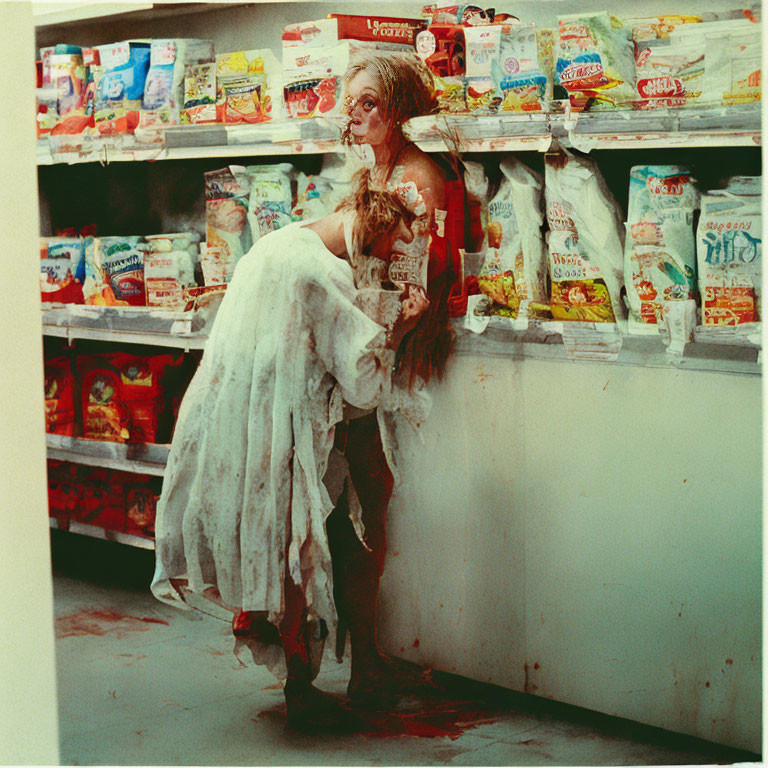 Person with zombie makeup in grocery store aisle surrounded by snacks