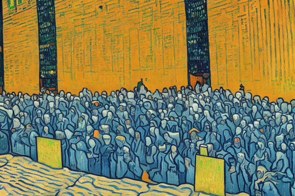 Colorful painting of blue figures in a crowded city scene