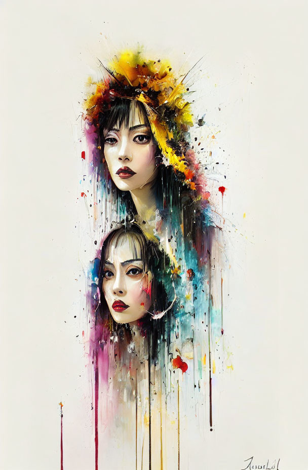 Colorful Watercolor Painting of Two Women's Faces with Expressive Eyes