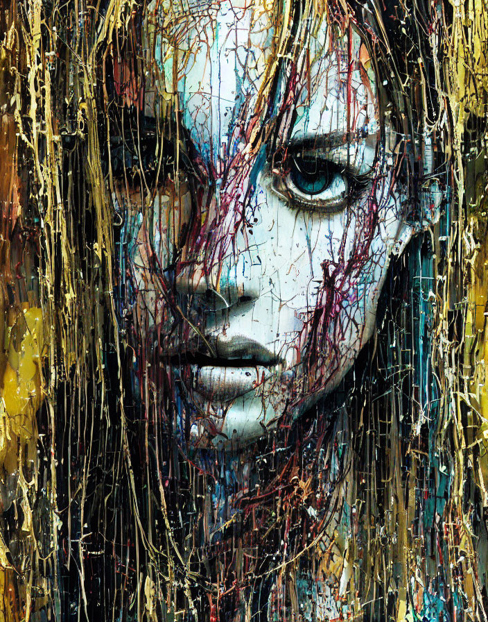 Colorful abstract painting of face with intense eyes and dripping paint strokes